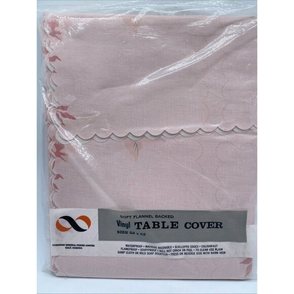 Vintage Soft Flannel Backed Vinyl Table Cloth Pink Scalloped Edges 52 X 52 Rare - Picture 4 of 13